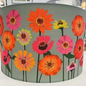 Lampshade, colourful Zinnia design on a grey background