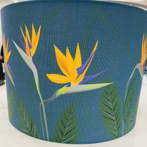 Lampshade, Bird of Paradise flower design on teal blue background
