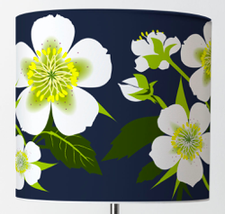 Lampshade, white Hellebore design on a dark blue background