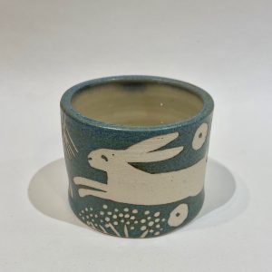 Blue stoneware small pot, hare design