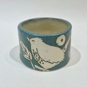 Blue stoneware small pot, wren design
