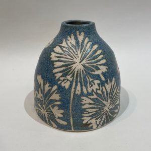 Blue stoneware large bud vase, agapanthus flower design