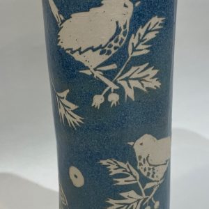 Blue stoneware slim vase, wren design