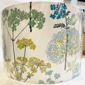 Lampshade, Cow Parsley design in subtle blue, green and yellow colours with white background