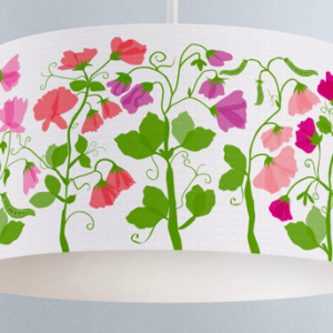 Lampshade, Sweet Pea design in pinks and greens against white background