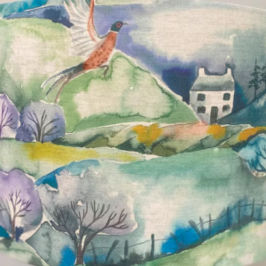 Lampshade, countryside scene in shades of blue