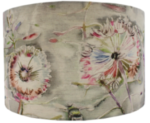 Lampshade, floral design in soft red and pink hues against grey background