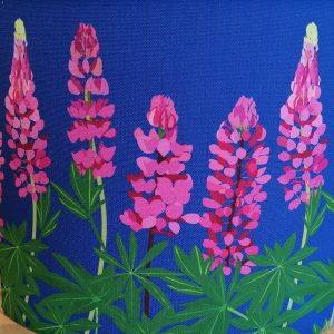 Lampshade, pink Lupins on deep blue background