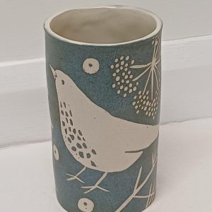 Blue stoneware medium vase, thrush design