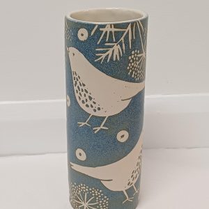 Blue stoneware tall vase, thrush design