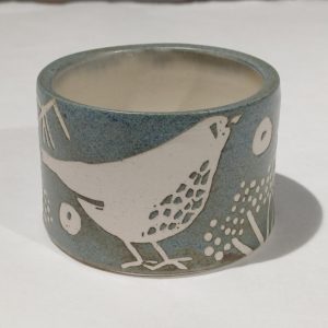 Blue stoneware small pot, thrush design