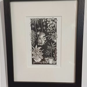 Framed, limited edition print of a mouse on a swing with plants