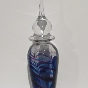 Handblown perfume bottle in a purple & blue design with elegant glass stopper