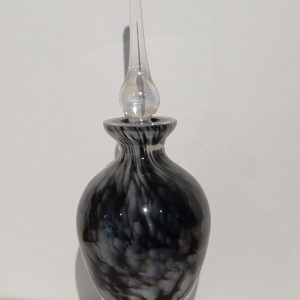 Handblown perfume bottle in a purple & cream design with glass stopper