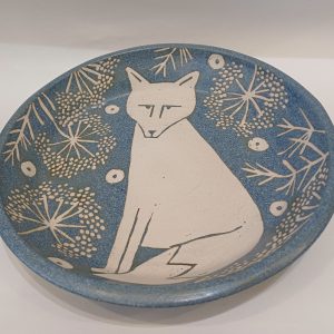 Blue stoneware large dish, fox design