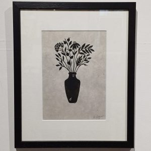 Framed lino cut print of a vase of flowers