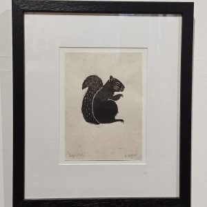 Framed lino cut print of a Squirrel