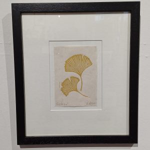 Framed lino cut print of Ginkgo (mustard)