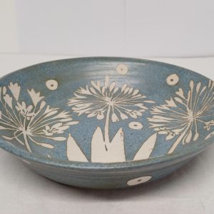 Blue stoneware large dish, agapanthus design