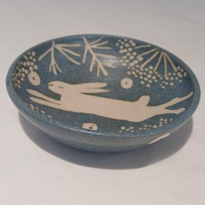 Blue stoneware small dish, hare design