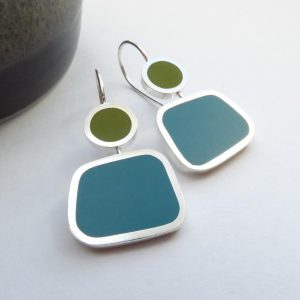 Green and Teal Geometric Contemporary Silver and Resin Earrings