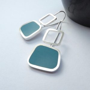 Teal Geometric Contemporary Silver and Resin Earrings