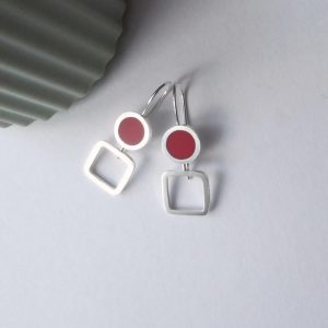 Red Geometric Contemporary Silver and Resin Earrings