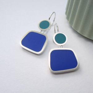 Blue and Teal Geometric Contemporary Silver and Resin Earrings